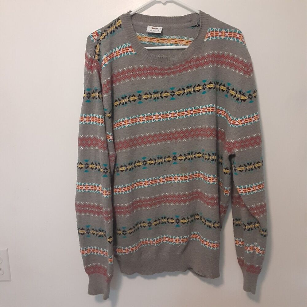 Vtg Le Tigre Adult Mens XL Gray Long Sleeve Sweater Aztec Design